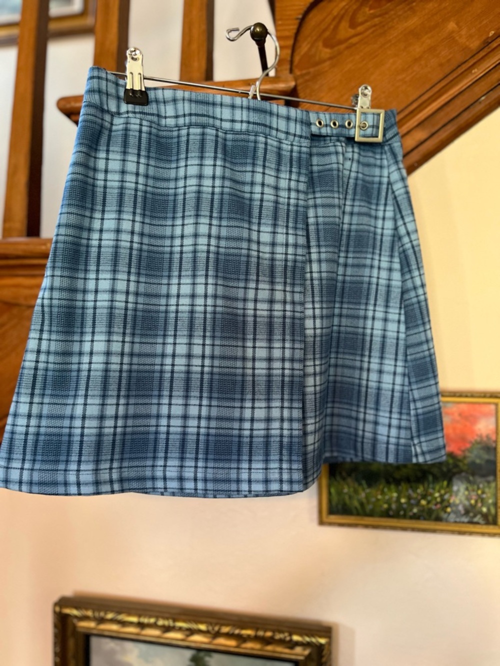 Brandy Melville Y2K Blue Plaid Mini Skirt with Buckle
